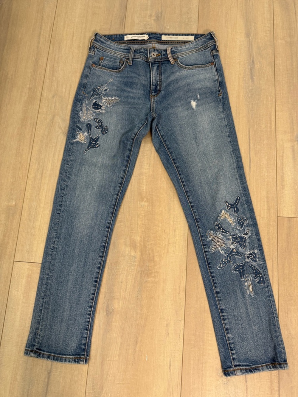 Pilcro Embroidered Mid-Blue Skinny Jeans
